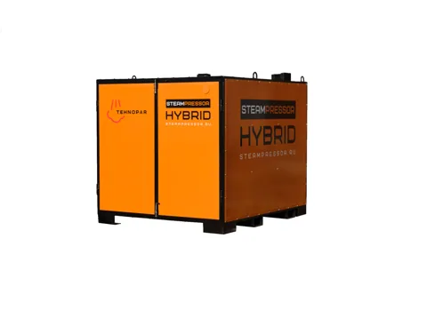 STEAMPRESSOR HYBRID SH-1 — внешний вид установки в утеплённом корпусе, промышленный дизельный парогенератор для зимнего применения на стройке и в судоремонте